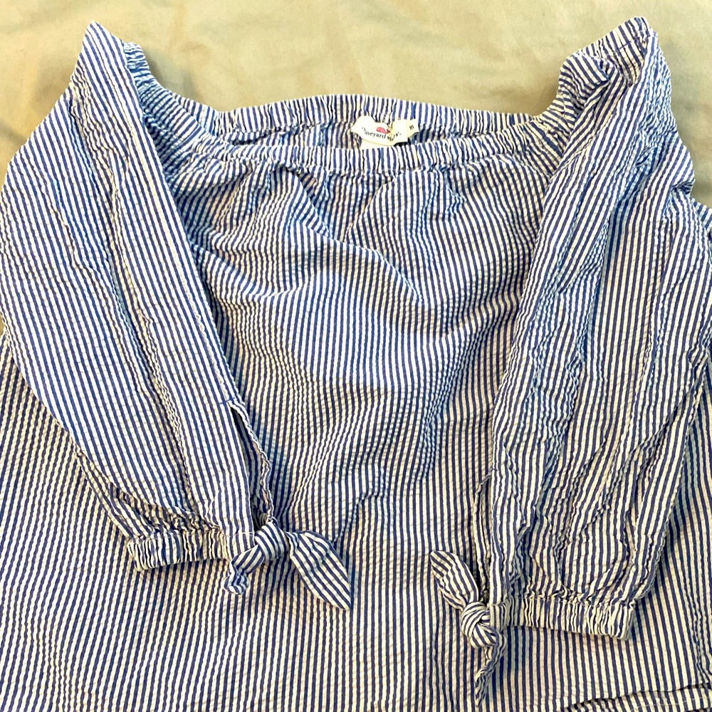 Vineyard Vines seersucker off the shoulder top.